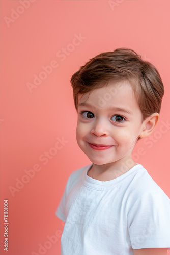 Little boy smiling on pink background 