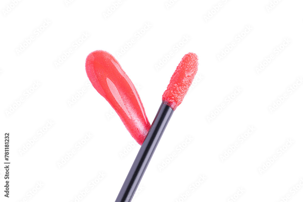 Red liquid lipstick and applicator isolated on white background. Swatch of red lip gloss. Top view, flat lay, copy space Red liquid lipstick and applicator isolated on white background. Swatch of red lip gloss. Top view, flat lay, copy space
