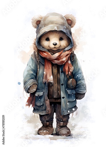 Boho watercolour illustration of cute bear in a warm clothes on white background