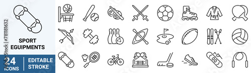 Sport Equipments web line icons. Fitness and Sport. Soccer, Bicycle, Hobby,