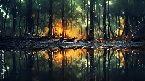 an image of forest with fireflies floating in water on the ground