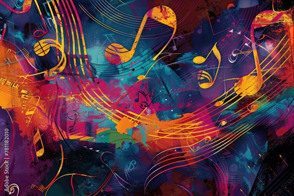 Vibrant and colorful abstract art with swirling lines and musical notes suggesting rhythm and movement