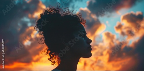 Woman looking up in awe against a vivid sky with dramatic orange clouds.