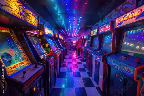 Retro arcade game machines lined up in a colorful room with neon lights, evoking nostalgia and entertainment