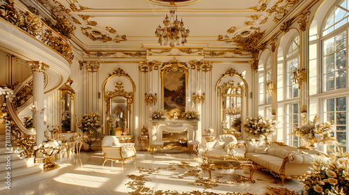 Exquisite Russian Palace Interior with Intricate Golden Details, Symbolizing the Rich Cultural Heritage and Aristocratic Beauty photo