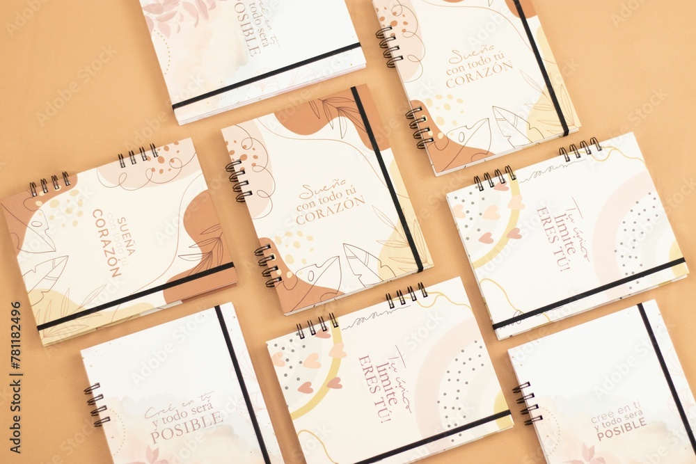 Flat lay of several cute girly diaries with texts in Spanish on the orange background