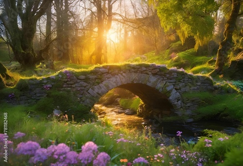 AI-generated illustration of a quaint stone bridge situated in a picturesque forest setting