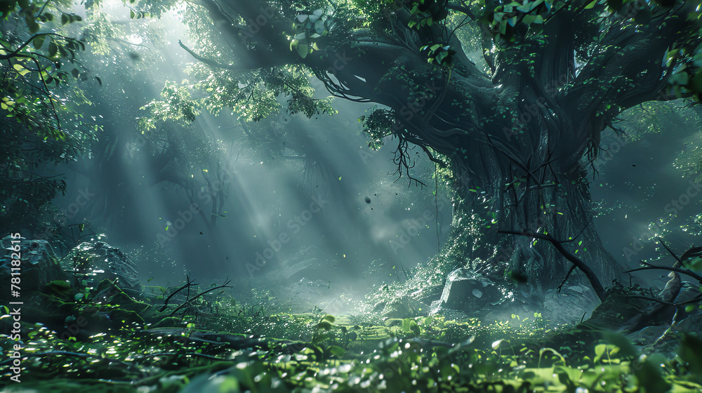 Fantasy Forest Landscape, Magical Trees and Fog, Enchanted Woods, Mystical Nature Scene, Dreamy and Mysterious Environment