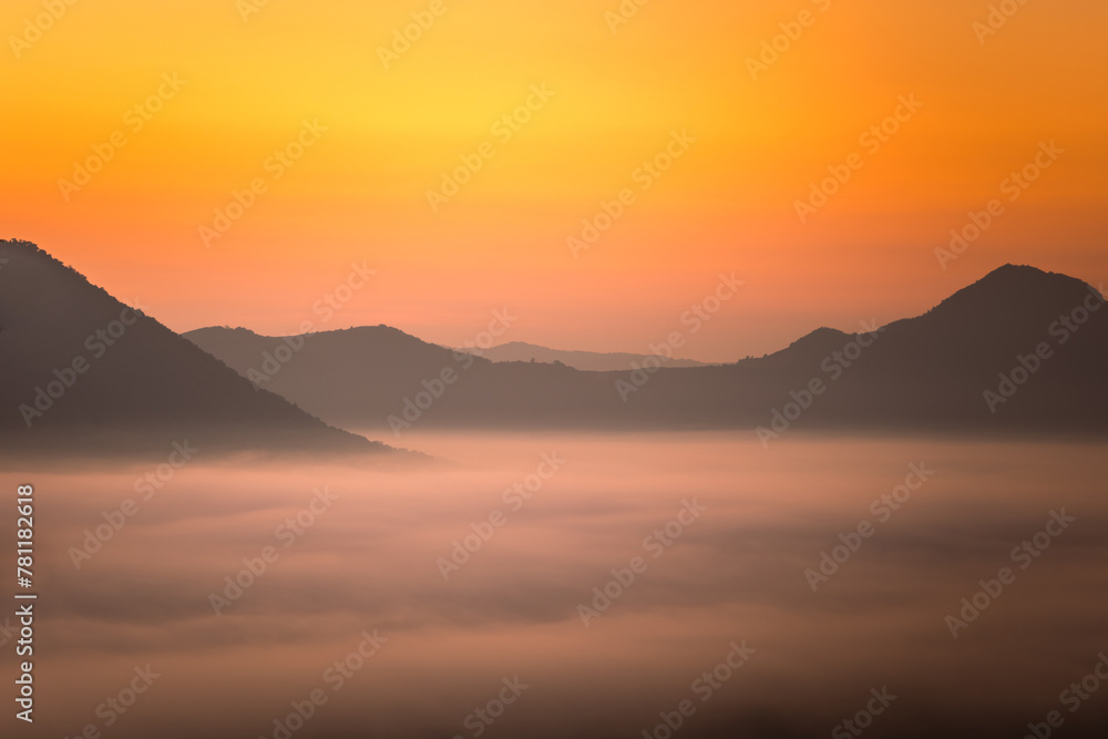 Sea of Mist with Light of the morning above Mountains from viewpoint at Phu Thok, Chiang Khan, Loei, Thailand.