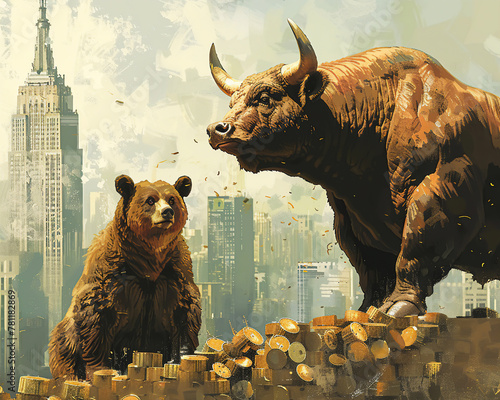 A bear sitting gloomily on a pile of lowvalue stocks and a bull triumphantly standing atop a highvalue portfolio, reflecting market sentiments photo