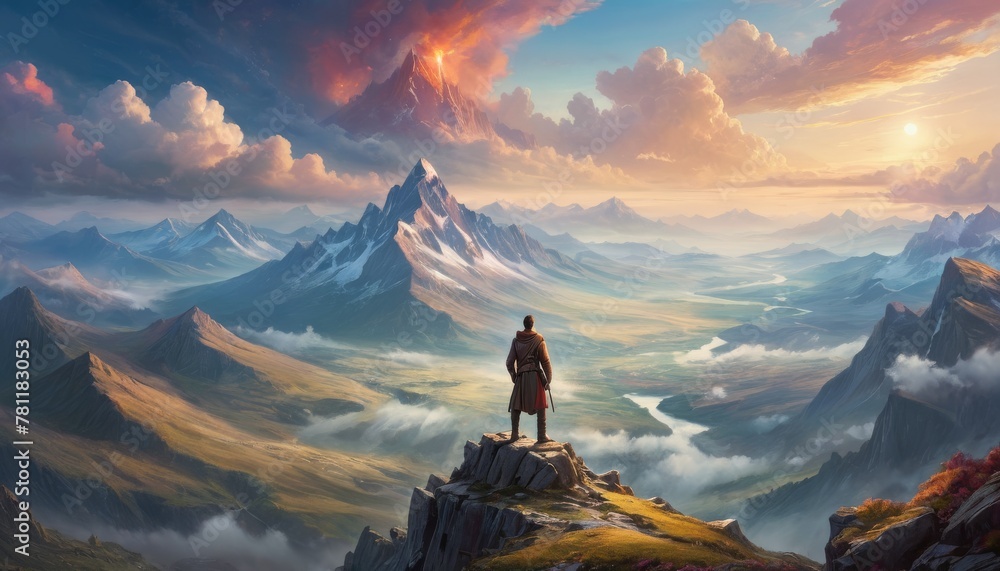 A lone explorer stands atop a rocky peak, gazing out over a vast landscape of majestic, snow-capped mountains under a dramatic sunset sky with an active volcano in the distance. AI Generation