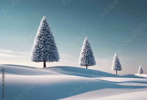 AI generated illustration of small evergreen trees stand atop a snowy hill photo