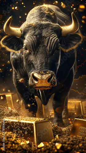 A bull lifting weights made of heavy gold bars, with a bearish graph in the backdrop, contrasting strength against market downturns