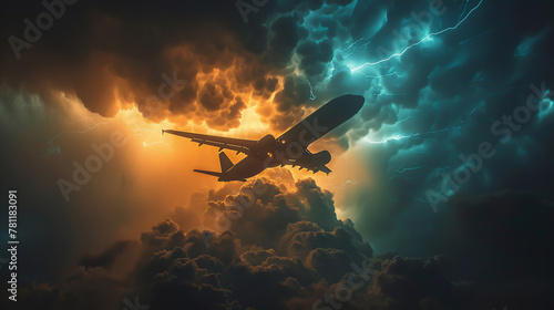 A cargo planes silhouette visible against a sky lit up by an electrical storm, flying on the edge of a squall line photo