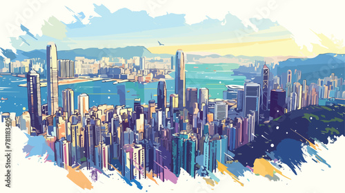 Hong Kong City Skyline. Watercolor splash with sket
