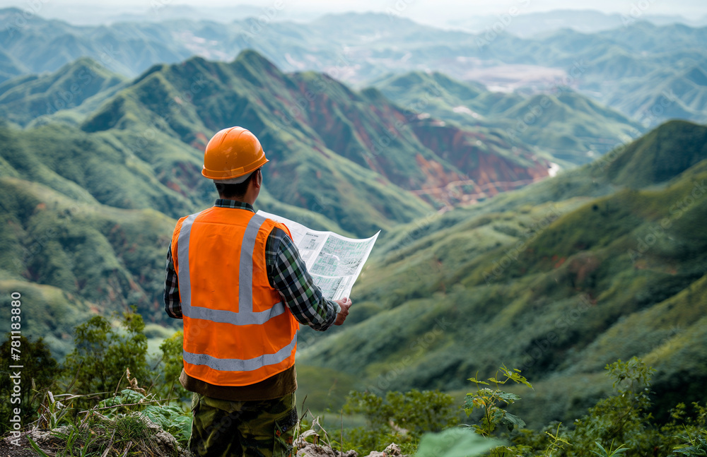 © Pukan - An Chinese engineer wearing a yellow vest and white helmet is holding blueprints in his hand, looking at the forest mountain range on both sides of him