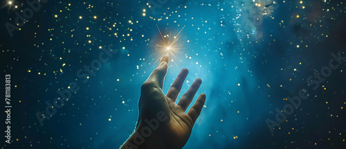 A hand reaching up to touch a star in a night sky  illustrating reaching for the seemingly impossible