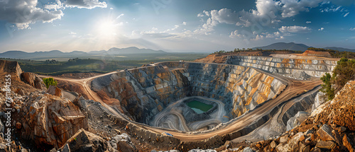 A panoramic view of an openpit gold mine, the vast operations contrasted against the natural landscape photo