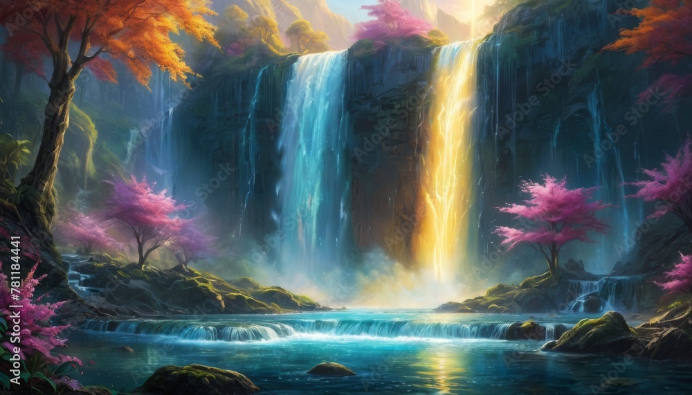 A serene digital landscape where vibrant autumn trees frame a majestic waterfall under a soft, golden light, creating a peaceful and picturesque setting.. AI Generation