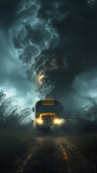 A school bus with its lights flashing, eerily hovering above the ground, carried by a funnel clouds fierce grip