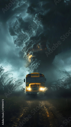 A school bus with its lights flashing, eerily hovering above the ground, carried by a funnel clouds fierce grip