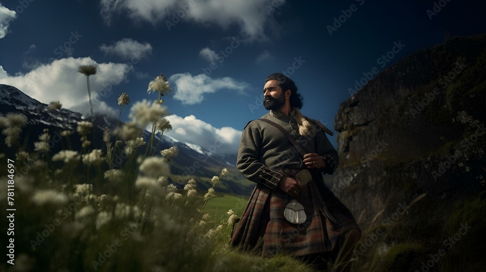 a man wearing a kilt standing in the mountains under clouds