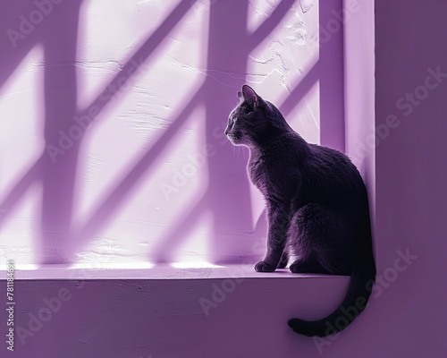 A sleek, minimalist cat silhouette sitting beside a geometricshaped window, casting a long shadow on a soft lavender wall photo