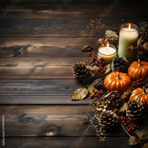 A wooden table set with a variety of seasonal decorations
