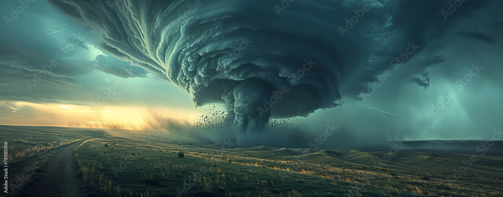 A tornado tearing across the plains, its powerful funnel cloud touching down and reshaping the landscape in its path - obrazy, fototapety, plakaty 