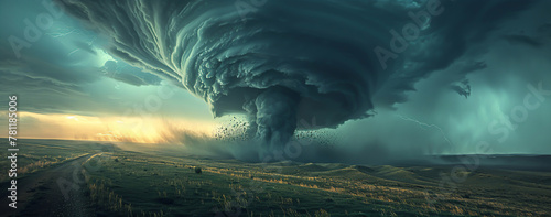 A tornado tearing across the plains, its powerful funnel cloud touching down and reshaping the landscape in its path