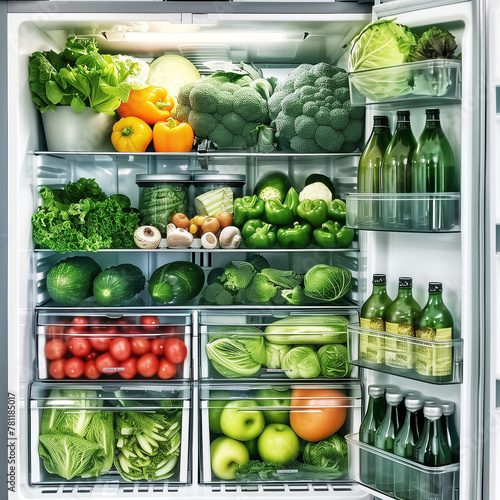 Open refrigerator with healthy food and many green vegetables