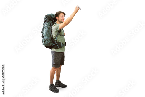 Traveler with a Large Backpack Taking a Selfie