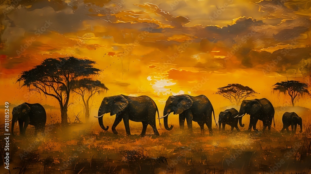 Fototapeta premium Dusty Twilight Encounter with African Elephants./n