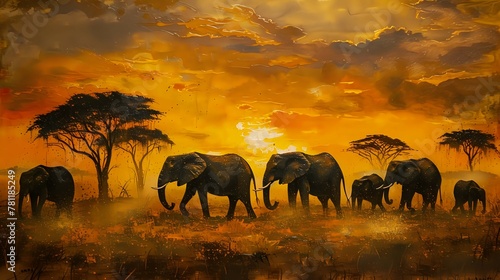 Dusty Twilight Encounter with African Elephants./n