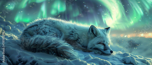 An Arctic fox, fur puffed up and warm, dozing peacefully on a snowy ridge with a backdrop of the Northern Lights