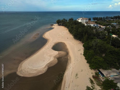 Drone shot of the horizon of Hat Samila Beach in Songkhla Province, Thailand photo