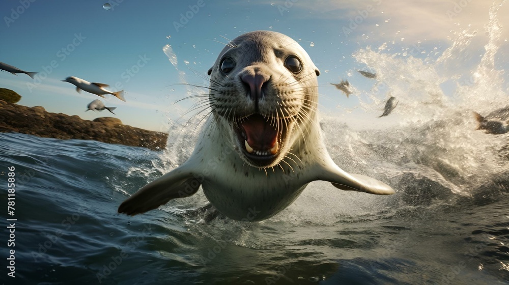 AI generated illustration of Aa seal with its mouth open while several birds soar overhead - obrazy, fototapety, plakaty 