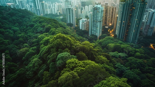 AI generated illustration of an aerial view of a lush forest with a cityscape in the background photo