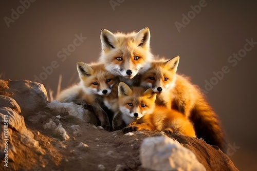 AI generated illustration of foxes standing together side-by-side atop a large rock © Wirestock