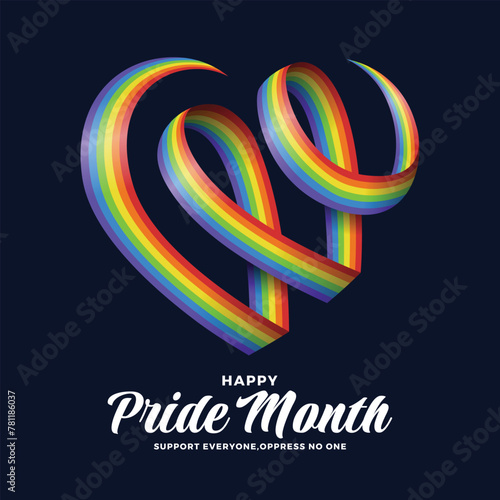 Happy pride month - Rainbow pride ribbon rolling to heart shape sign on dark blue background vector design