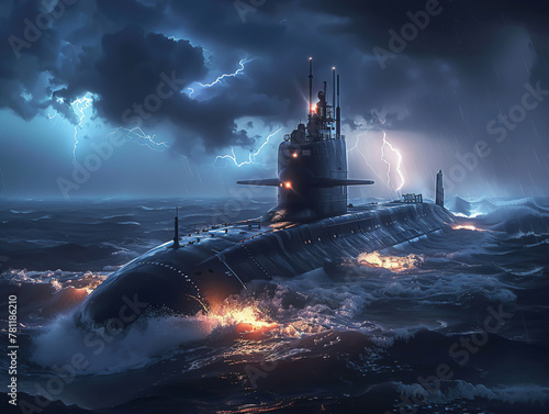 The rare sight of a submarine surfacing in the middle of a stormy sea, lightning striking in the background photo