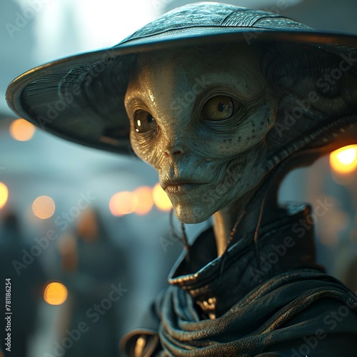 AI generated illustration of an extraterrestrial humanoid wearing a hat