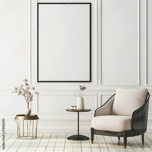 Large black frame with a blank white poster on a white wall near a chair 