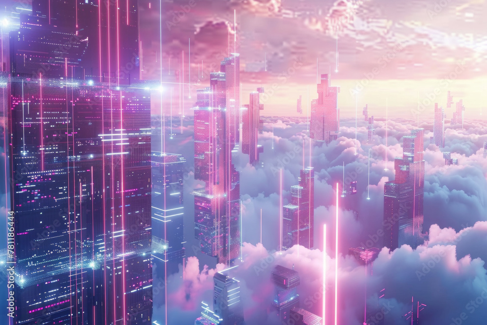 Obraz premium A metaverse city on clouds built on blockchain technology 