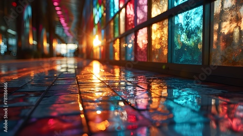 a vibrant nighttime scene of a street lined with brightly lit windows and glowing lights
