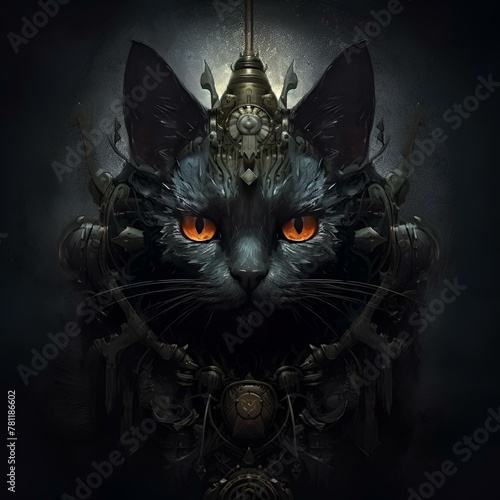 AI generated illustration of a curious cat wearing a futuristic helmet with glowing orange eyes