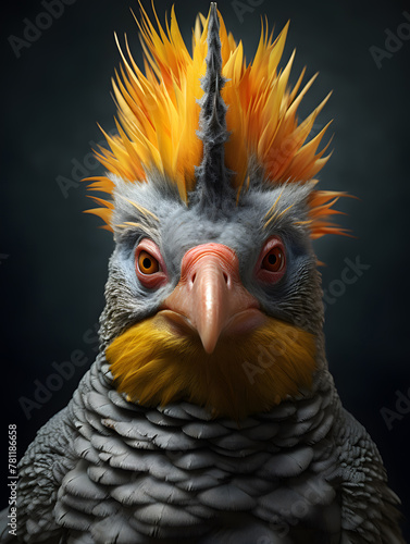 AI generated illustration of a vibrant yellow-crested bird on a dark background