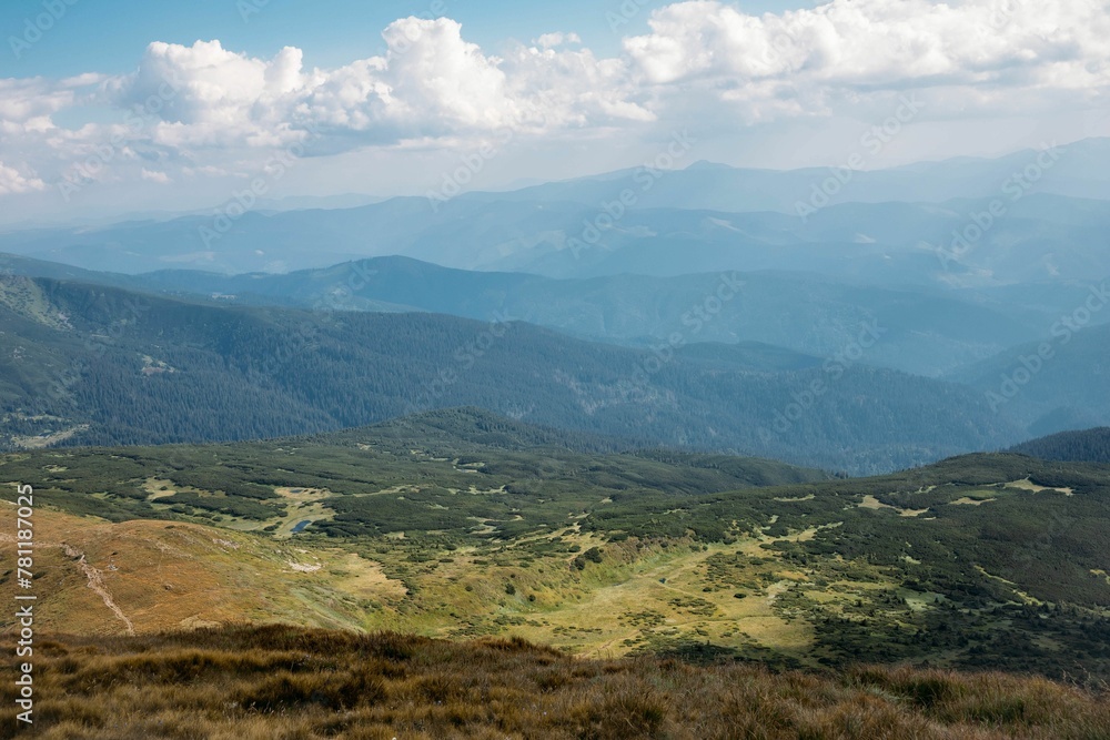 Road to Hoverla mountain with the view of the Carpathian mountains in Ukraine.