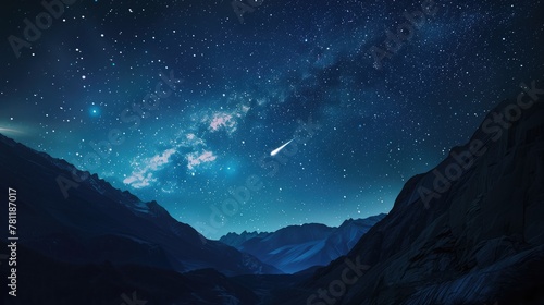 Asteroid or comet falling to Earth in beautiful starry night sky with Milky way over the mountains photo