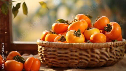 Persimmons showcased against a blurred bokeh background in a basket